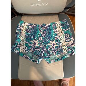 Lilly Pulitzer Callahan Shorts Teal Purple Paisley Floral Crochet Lace Trim 0